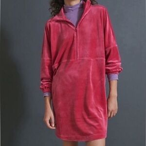 Anthropologie Velour Pink Quarter-Zip Pullover Dress